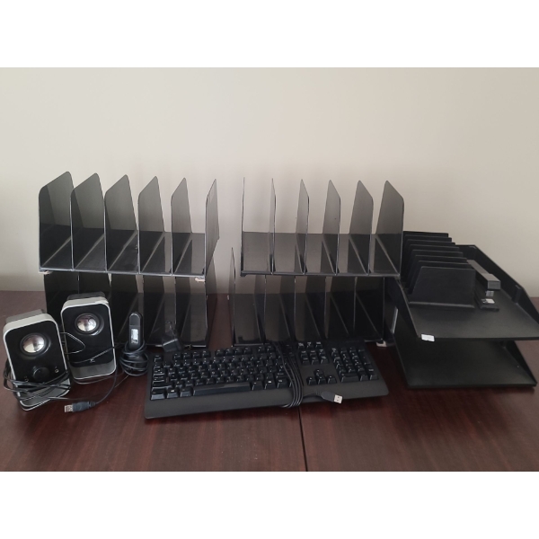Logitech LS11 Speakers, Lenovo Keyboard, Stapler, Desk Top Paper/ File Organizers
