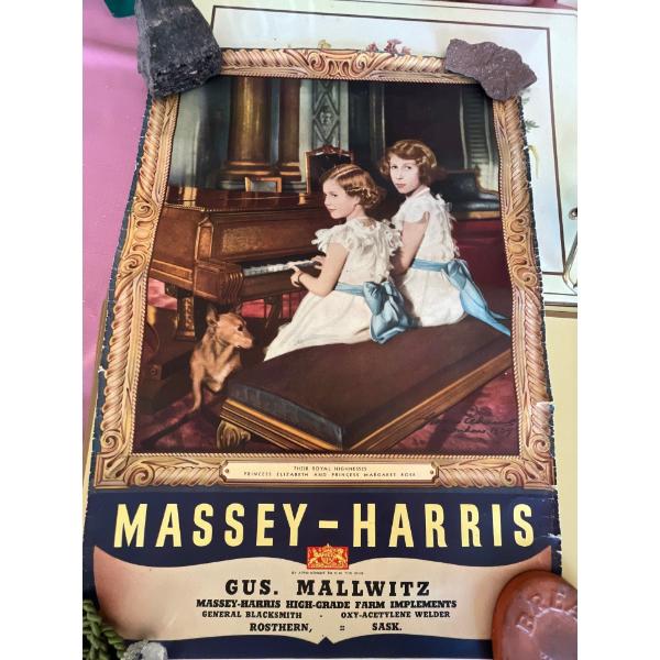 collection of vintage placemats books plate holders candle holder Massey -Harris original poster.