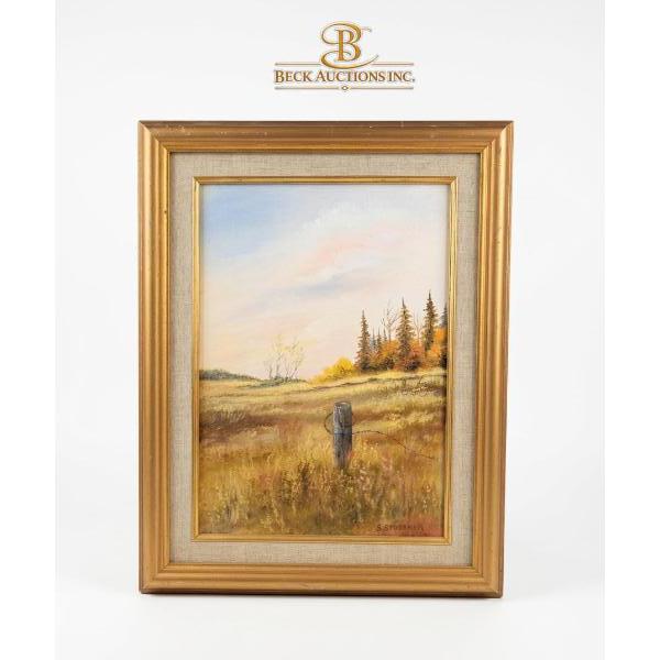  Landscape Painting Featuring A Rustic Wooden Fence Post With Barbed Wire In A Field During Autumn.