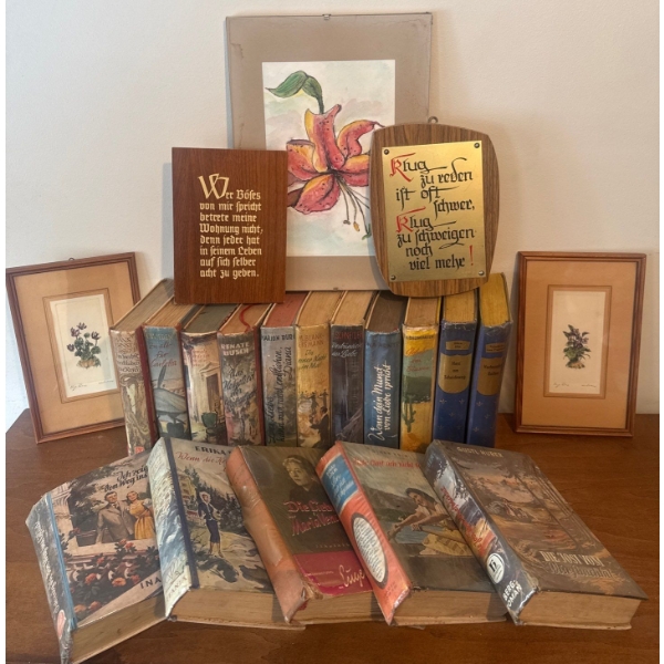 Vintage German Books w/ Decorative Botanical Wall Hangings & More