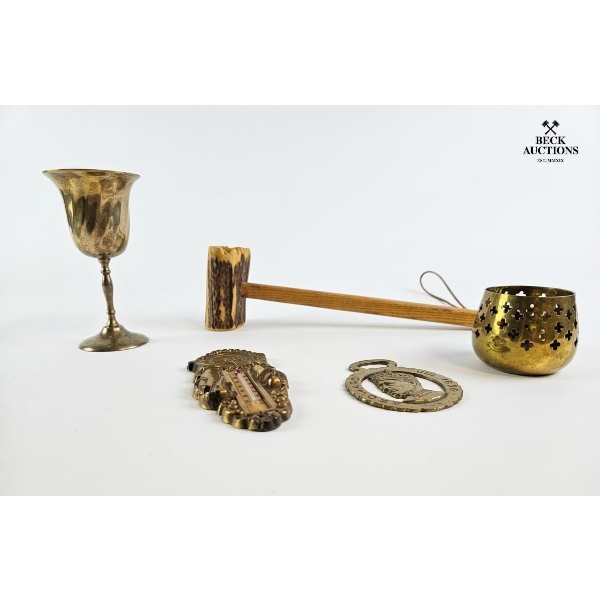 Collection Of Vintage Collectibles, Featuring A Primitive Wooden Meat Tenderizer Mallet And More.