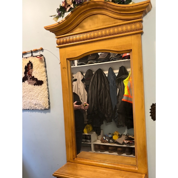 solid oak mirror from the Jasper Park Lodge in nice condition 57” x25” with antique cast iron School