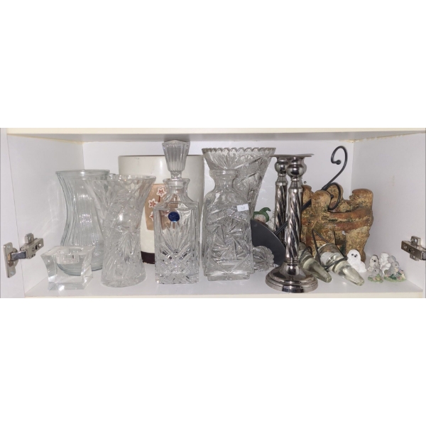 Assorted Decor Items Including: Crystal Decanter, Vases, Candleholders