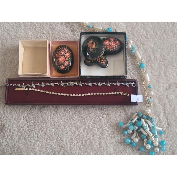 Hand-painted Wooden Brooches, Bracelets (Bird Bracelet Marked Austrian Crystal), and Necklace