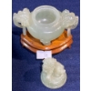 Image 3 : Intricately Craved Jade Incense Container on Wood Stands 3 inch H 