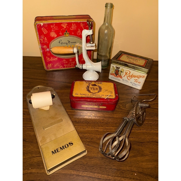 Vintage Estate Sale Items-Memo Holder, Antique Egg Beater, Food Grinder, & Tins