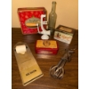 Image 1 : Vintage Estate Sale Items-Memo Holder, Antique Egg Beater, Food Grinder, & Tins