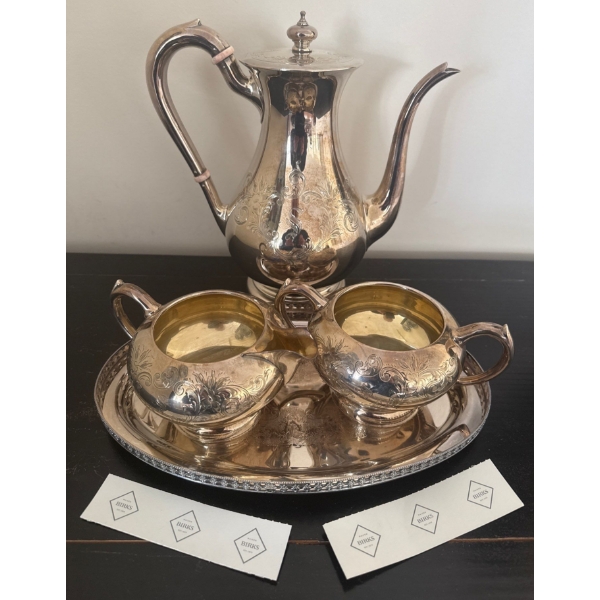 BIRKS Sterling 3 Piece Tea Set 1225g w/ Sheffeild Reproduction EP Tray 14"Long