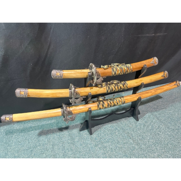 Set of Wooden Sheath Katana Swords w/Dragon Deco (11"tallest)