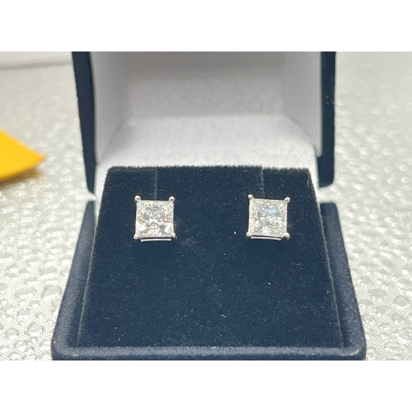 2ct TW GRA Certified Princess Cut Moissanite VVS D Colour set in Sterling Silver Basket Earrings