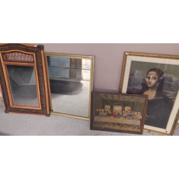 Mirrors: Straw Framed 22.5 X 34- Also:Last Supper Print 22 X 18 and "Needlecraft" Mona Lisa 23 X 33 
