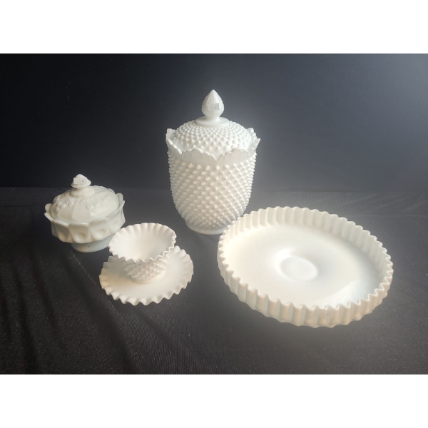 Fenton Milk Glass: Cake Plate 10" Diameter Top, 3 T, Jar 7" Diameter Top, 11 T  and More!