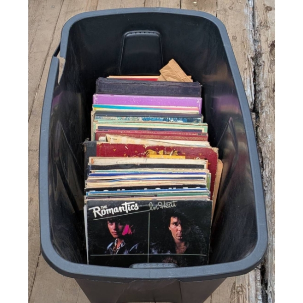 Various Vinyl Records With Mixed Condition in Storage Bin