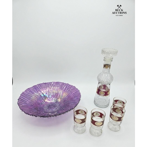 Vintage Luminarc France Wine Decanter And Glasses Set From The 1960s Purple Glass Centerpiece Bowl 