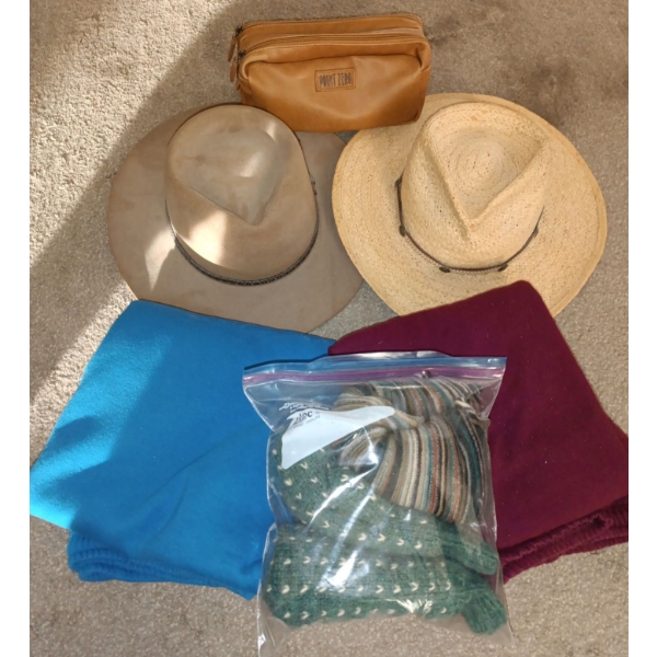 Assortment of Everyday Use Items  - Gloves & Mittens, Toiletries Sack, Cowboy Hats, Sweatpants, Scar