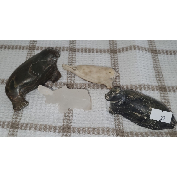 Soapstone Carvings- Largest Seal: 3.5 W, 1.5 T, Includes Quartz Elephant 
