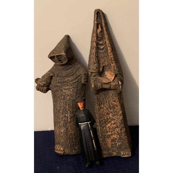 Religious Nun/Monk Wall Hanging Pair Plus Wooden Monk Figure - 13T 