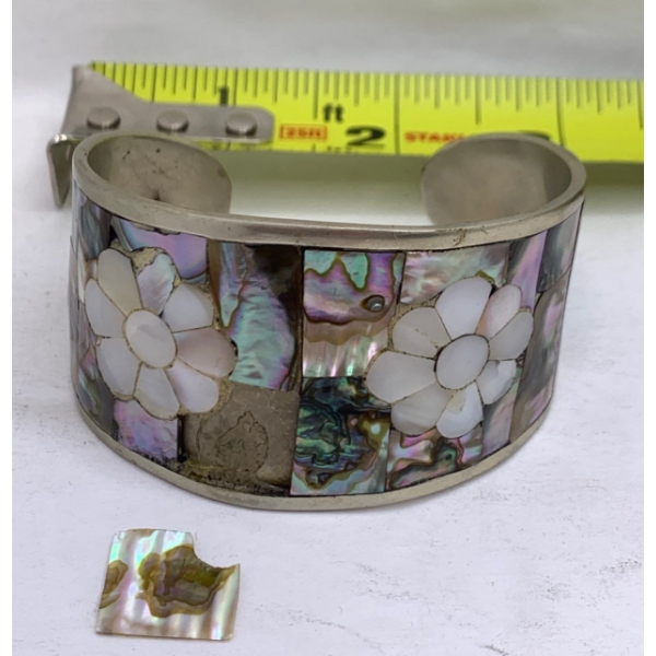 Silver Colored Bangle w/ Lovely Mother of Pearl Stones; Faded Stamp, Piece of Stone Removed 