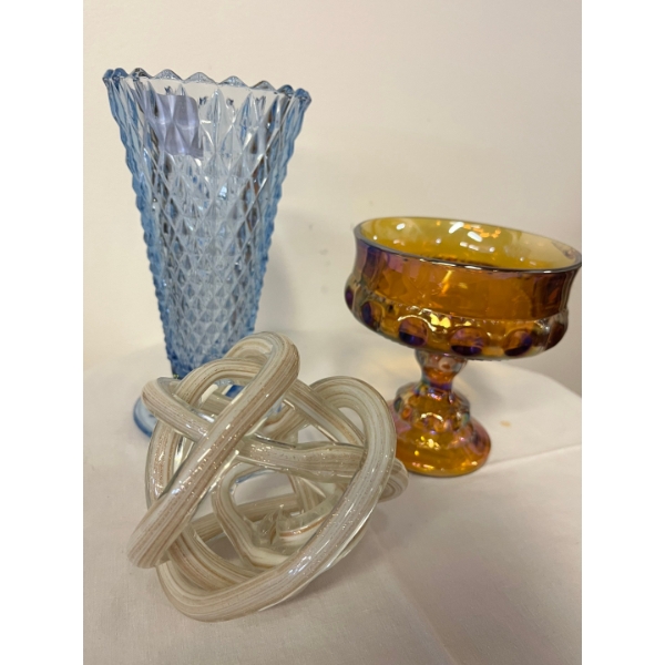 vintage Indiana glass diamond point vase, carnival glass, wedding bowl, kings crown, thumbprint