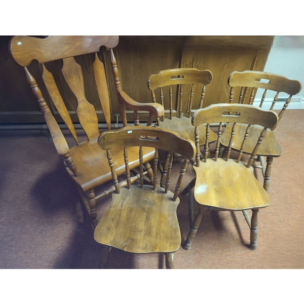 Group of 4 Side Chairs 17 W, 17 D, 32 T and Rocking Chair 26 W, 18 D, 44 T 