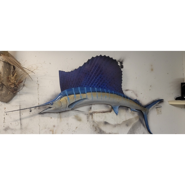 Vintage one sided skin mount sailfish (not a replica). 102" long, bill tip to caudal fin tip. 45" de
