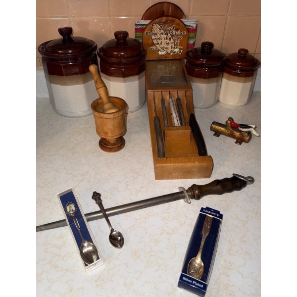 Vintage 3 Tone Canister w/ Lid Set Hand Carved Mortar & Pestel Decorative Sugar Spoons  