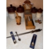 Vintage 3 Tone Canister w/ Lid Set Hand Carved Mortar & Pestel Decorative Sugar Spoons  