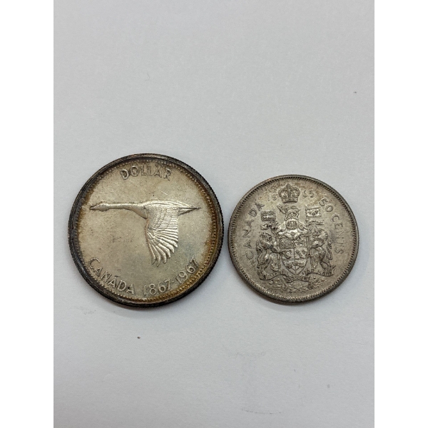 1967 Canadian Silver Dollar and 1965 silver Canadian 50 cent piece 80% 34.96 grams .