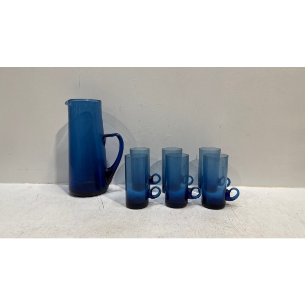Blue Glass Pitcher and 6 Matching Cups with Low Handles