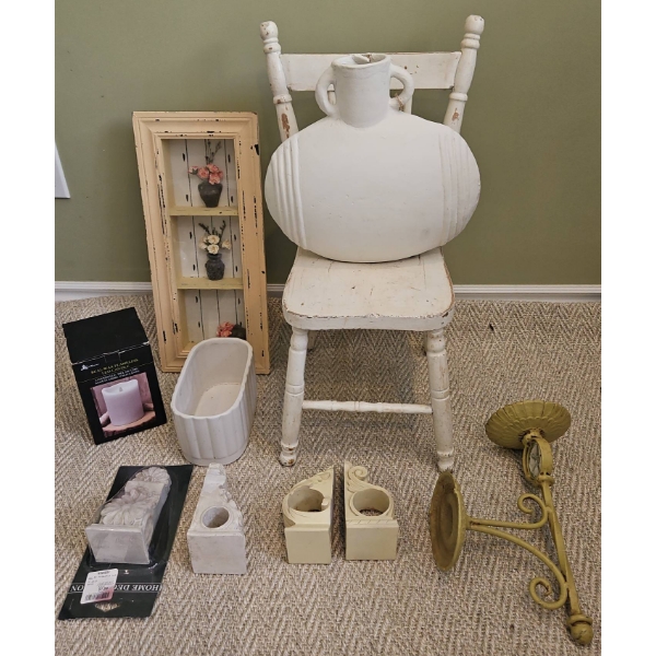 Decorative Home Décor Lot with Chair, Vase, Sconce, and Ornaments