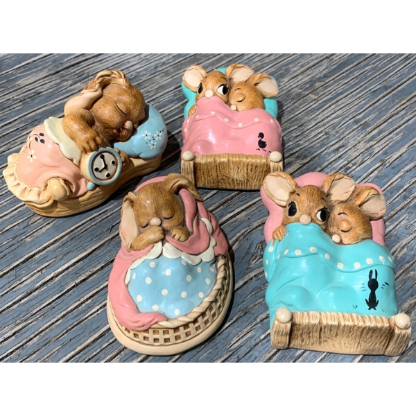 Pendelfin Sleeping Rabbits (Largest is 4" Long): 'Twins', 'Twins', 'Forty Winks', and 'Poppet'