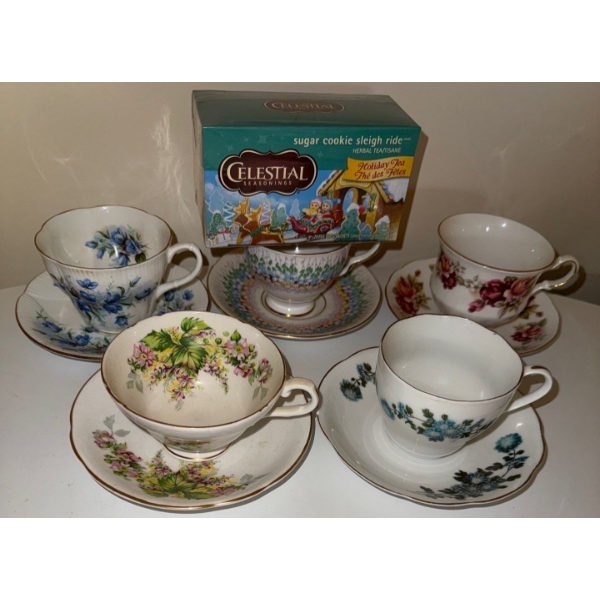 Assorted Tea Cups(5) & Saucers++Box Of Tea-Royal Albert, Glendale, Queen Anne & More