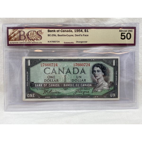 Graded Canadian 1954 Devil's Face $1 Almost UNC Prefix: H/A