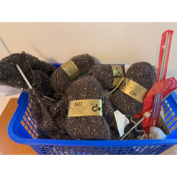 Basket of Knitting Supplies , Needles and Wool Yarn