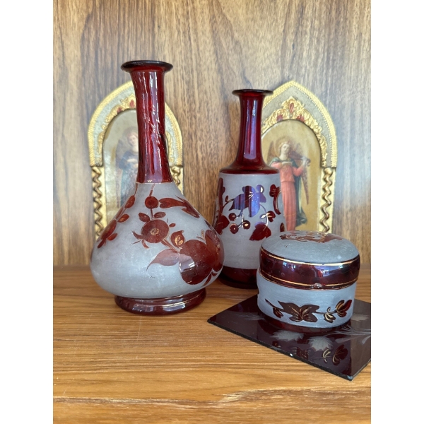 Antique Bohemian Ruby Glass w/ Hand Painted Gold Detailing & Religious Art 8T