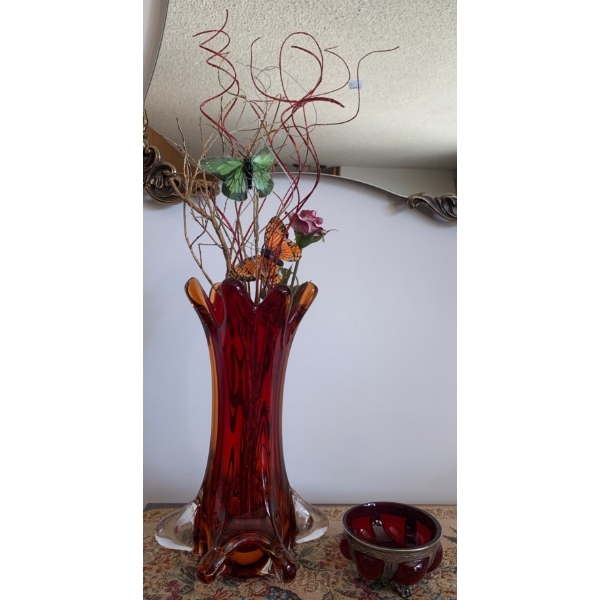 Vintage Murano Glass Vase w/ Wrought Iron Caged Ruby Red Candy Dish