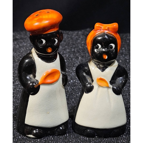 Mid-Century Ceramic Salt and Pepper Shakers With Orange Headwear (3")