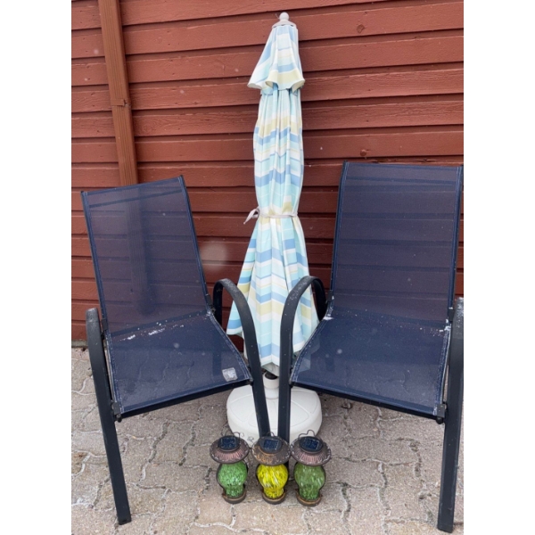 2 Lawn Loungers w/ Decorative Garden Charms Umbrella & Umbrella Stand 