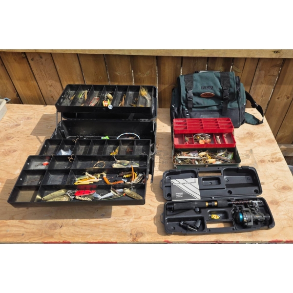Fishing Tackle Set with Rod, Reels, Tackle Boxes, and Cabelas Bag