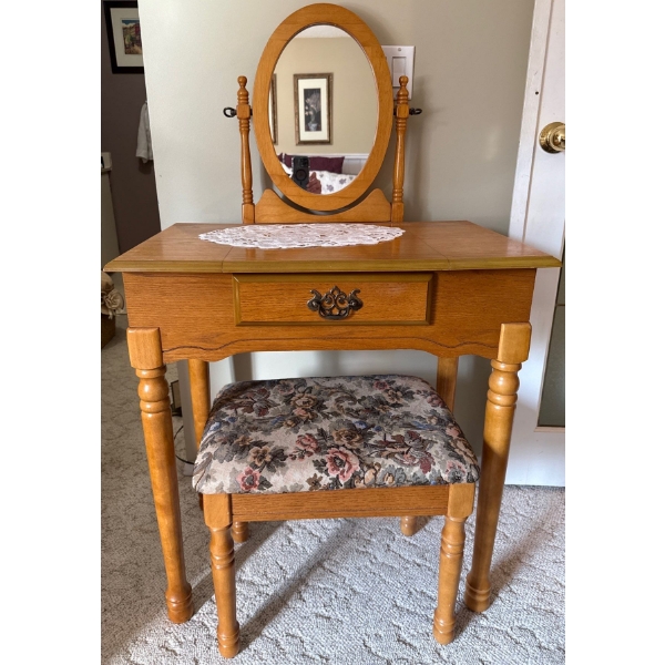 Vintage Oak Vanity w/ Floral Upholstered Stool 27x18x49