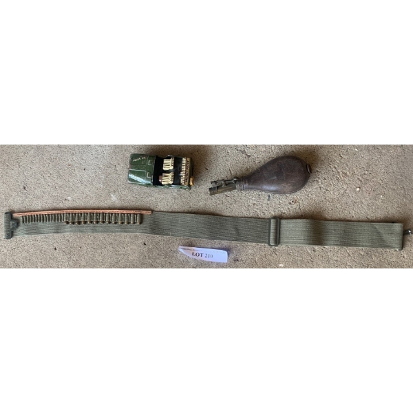 Original Leather Powder Flask, Green Military Belt Belt w Bullets, 1950's US Army Military Truck