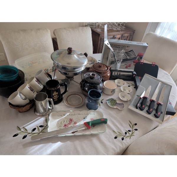 Kitchen Items, Ceramics, Mugs, and Knife Set