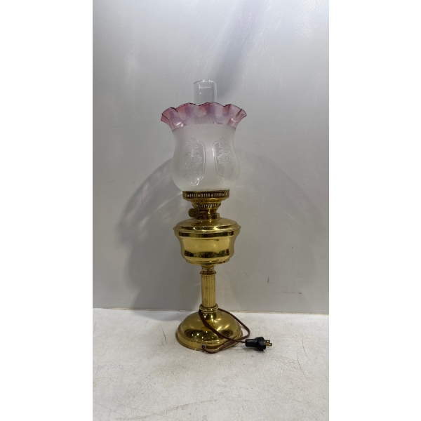 Hurricane Lamp with Pink Tinted Glass 22.5H