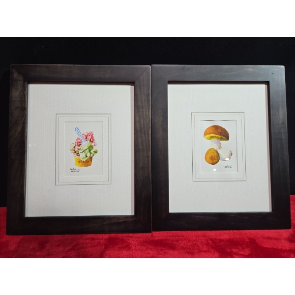2 Framed Food Drawings ( Ice Cream and Mushrooms )