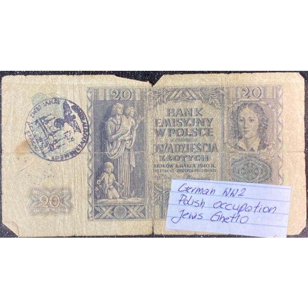 1940 German Occupied Poland Jewish Ghetto 20 Zloty Banknote 