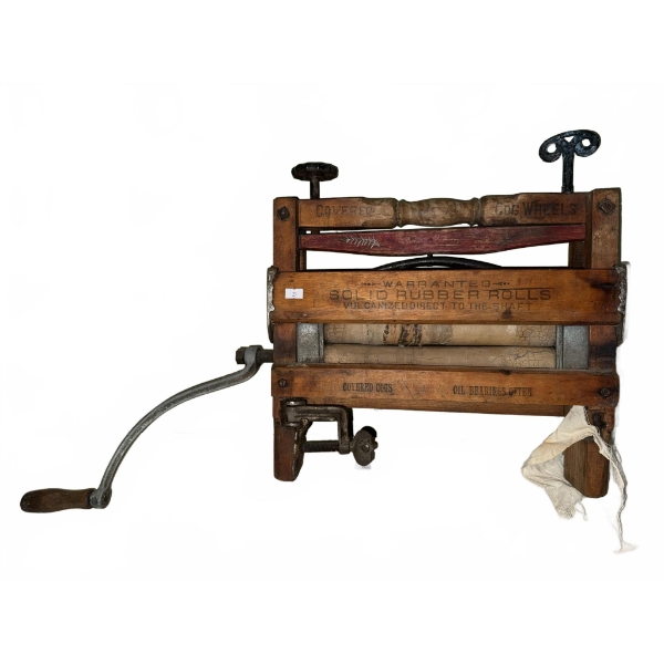 Antique Manual Clothes Wringer with Wood Frame and Rubber Rolls