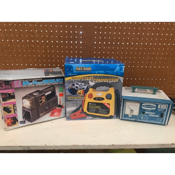Travel Tool Kit! Backroads Jumpstart Compressor Combo, Eatons Battery Charger, Tire Inflator 
