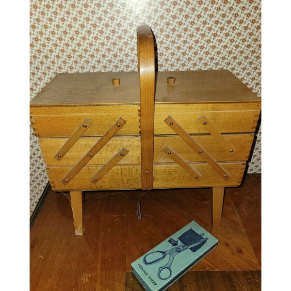 Vintage Cantilever Sewing Craft Box w/ Contents & Pinking Shears