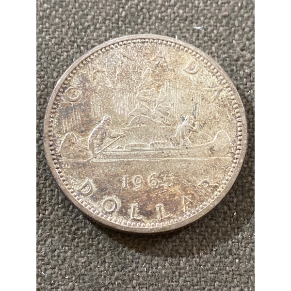 1965 Canadian Silver Dollar Coin Depicting Canoe Scene and Queen Elizabeth II