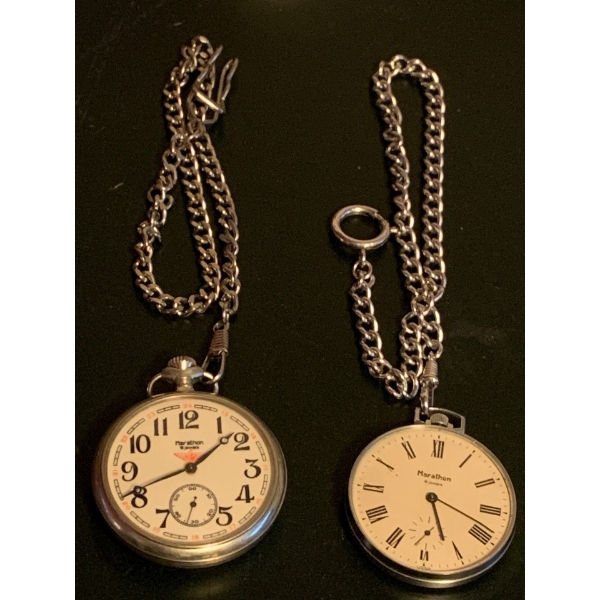 Vintage Marathon Pocket Watch Pair 18 Jewels 